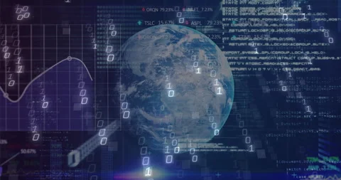 3D Earth globe glowing at center presenting streaming binary digits and Stock Footage 307972565