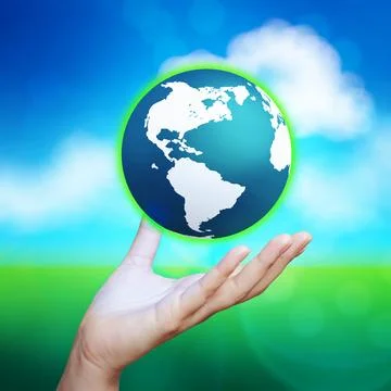 3d earth globe in her hand against blue and green nature background Stock Photos