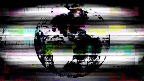 3D Earth Globe On Noise Defect Waves Screen Abstract Background Stock Footage 119247481
