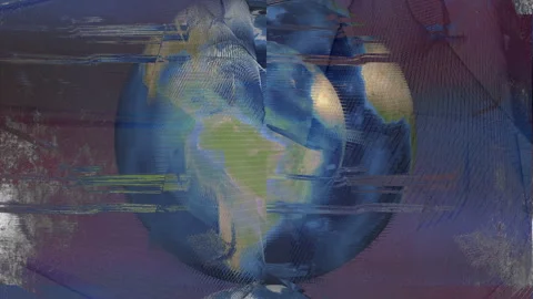 3D Earth Globe On Noise Defect Waves Screen Abstract Background Stock Footage 119537408
