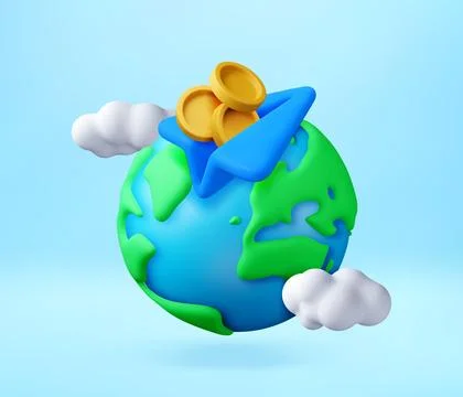 3D Earth globe with paper plane with golden coins Stock Illustration
