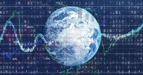 3D Earth globe rotating in blue grid, with line graphs, candlesticks, Foto stock