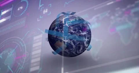 3D Earth globe rotating in dashboard, with flight-path ribbons, airplane icons Stock Illustration