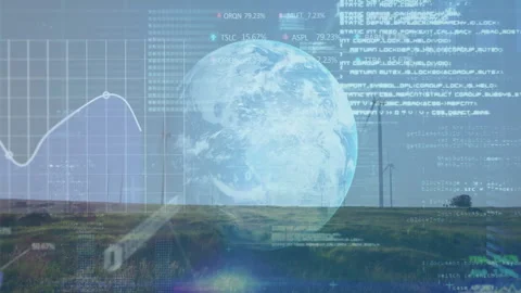 3D Earth globe rotating over grassy field, overlaid with line graph, stock Stock Footage 307884803