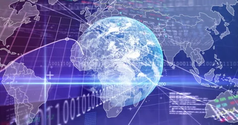 3D Earth globe rotating over network interface, showing gridlines and binary Stock Footage 309286278