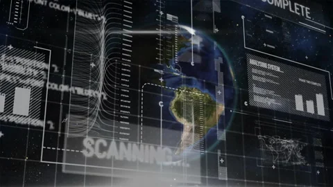 3D Earth globe rotating in virtual interface, with holographic panels, scanning Stock Footage 307885982