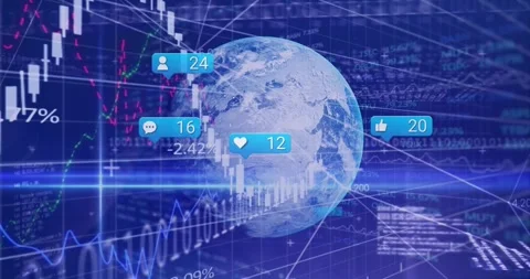 3D Earth globe spinning over dashboard showing candlestick charts, percentages, Stock Footage 328932331