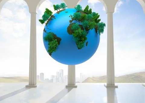 3D Earth globe sprouting green trees on classical column within marble arcade Stock Illustration