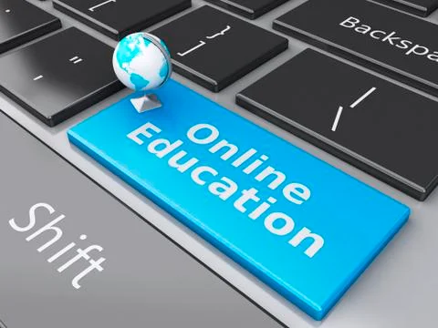 3d earth icon on computer keyboard. education concept. 스톡 일러스트