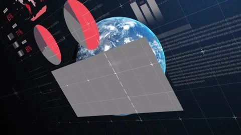 3D Earth model rotating triggers bar charts emerging, pie charts forming to Video stock 312407275