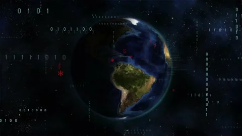 3D Earth rotating as binary digits and red glyphs appearing, code overlaying Stock Footage 328417762