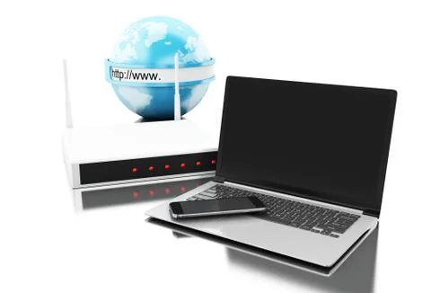 3d Earth with router connected to technology devices 库存插图