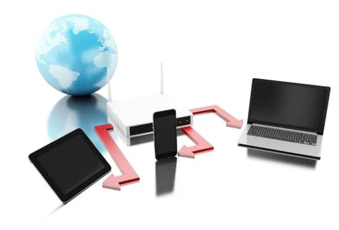 3d Earth with router connected to technology devices 库存插图