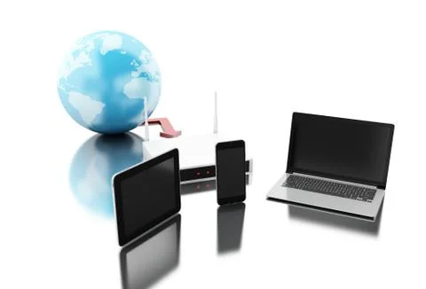 3d Earth with router connected to technology devices 库存插图