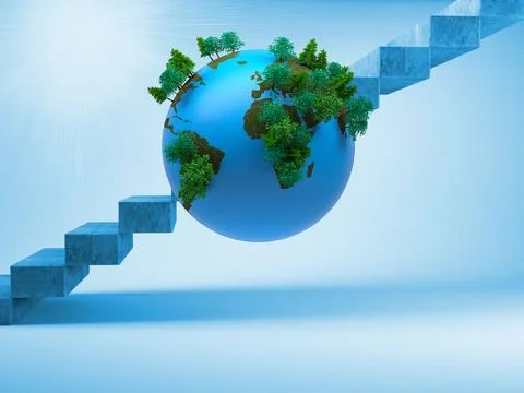 3D Earth sphere is featuring green trees on brown continents, showing stone Stock Illustration