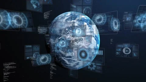 3D Earth staying centered while holo panels emerging from space sliding, Stock Footage 328685455