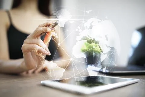 3D Earth on virtual screen. Global business strategy concept. Internet and Фото