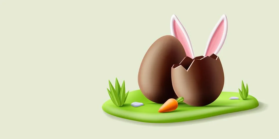 3d Easter banner with chocolate egg, bunny ears hiding behind, carrot on an i Stock Illustration
