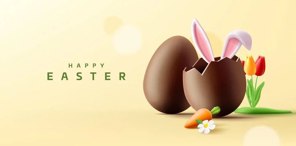 3d Easter banner with chocolate egg, bunny ears hiding behind, carrot and t.. Stock Illustration