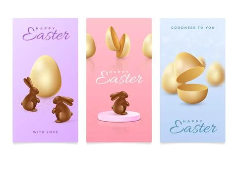 3D Easter bunny. Greeting cards design. Gold eggs and chocolate rabbits. Spring Stock Illustration
