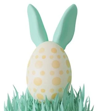 A 3D Easter egg with yellow spots and green bunny ears is placed on grass. Th 스톡 사진