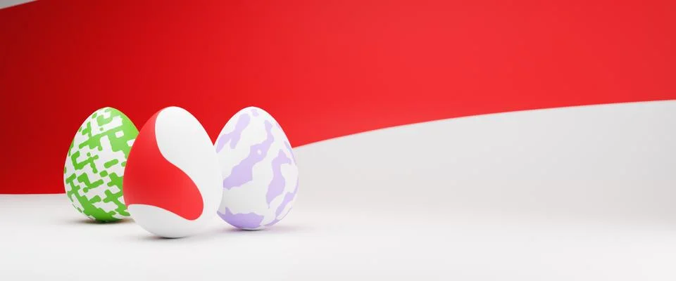3D Easter eggs abstract red background, easter ilustration composition layout. Фото