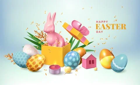 3d easter eggs, gift box with cute bunny. Happy gold and pink surprise, hol.. Stock Illustration