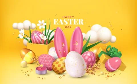 3D easter eggs, spring greeting. Wallpaper with flowers, clouds and bunny e.. Stock Illustration