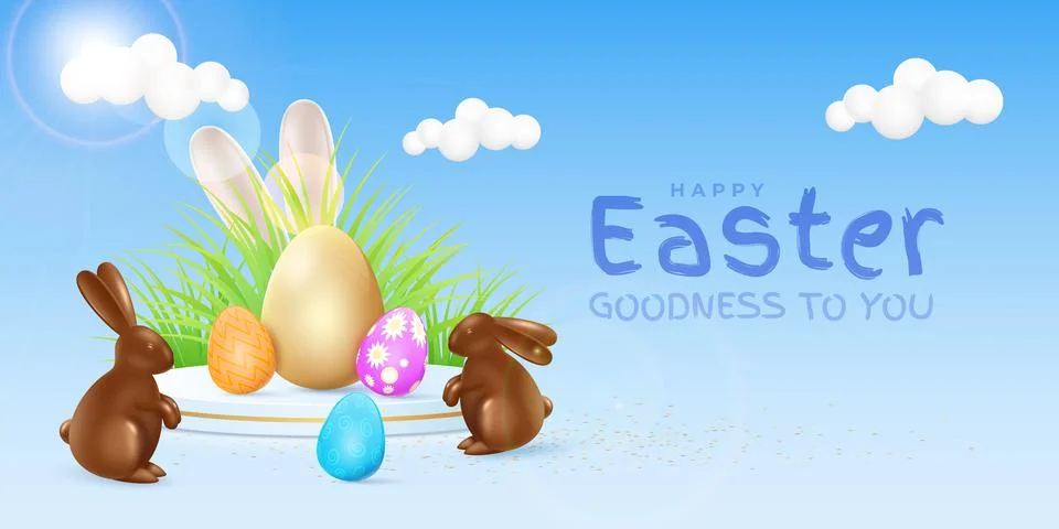 3d easter podium, eggs and chocolate rabbits, clouds in blue sky background Stock Illustration