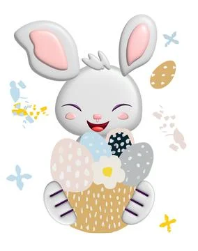 3D Easter vector template of cute bunny, cartoon basket with painted flower.. Stock Illustration