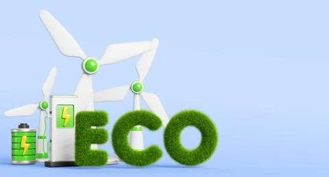 3d eco friendly background with wind turbine, electric car charging station Stock Illustration
