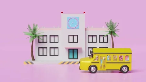 3d education building isolated on blue. yellow school bus cartoon, vehicle .. Stock Footage 232967809