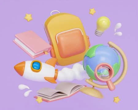 3d education concept. school accessories on purple background. back to school Stock Illustration