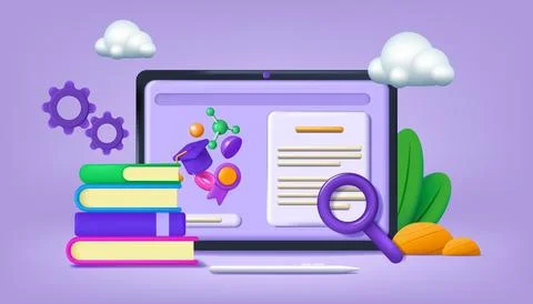 3D education. School web class. Internet course. Digital tablet. Students e Stock Illustration