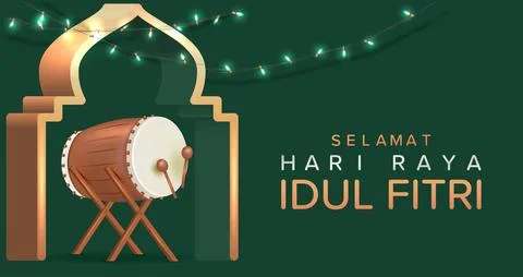 3D Eid Mubarak Design with Realistic Drum and Garland Vector Illustration Stock Illustration