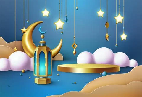 3d eid mubarak, ramadan golden podium for product presentation, render elem.. イラスト素材