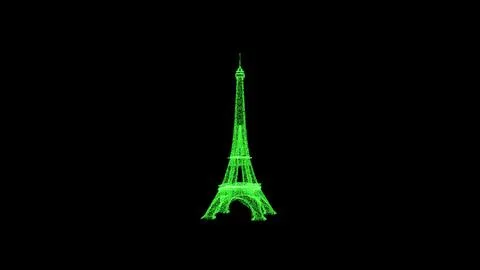 3D Eiffel Tower on black background. Object consisting of green flickering .. Illustrazione stock