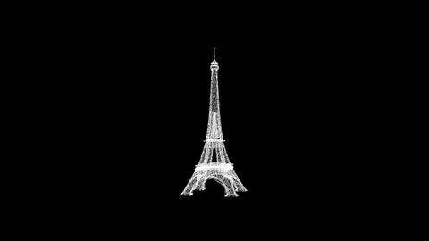 3D Eiffel Tower on black background. Object consisting of white flickering .. Illustrazione stock