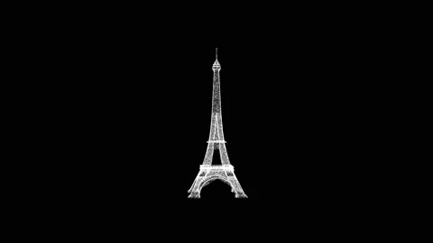 3D Eiffel Tower rotates on black background. Object consisting of white Stock Footage 240073182