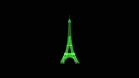 3D Eiffel Tower rotates on black background. Object consisting of green Stock Footage 240073199