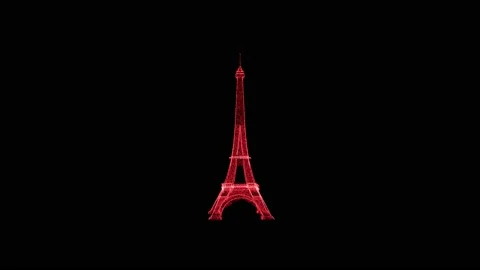 3D Eiffel Tower rotates on black background. Object consisting of red flickering Stock Footage 240073233