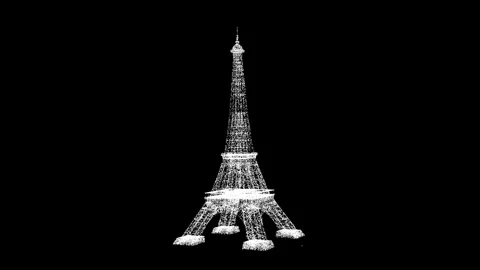 3D Eiffel Tower rotates on black bg. Business advertising backdrop. For title Stock Footage 247778151