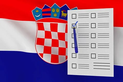 3D election ballot, sheet with checkboxes with pen on flag of state of Croatia Stock Illustration