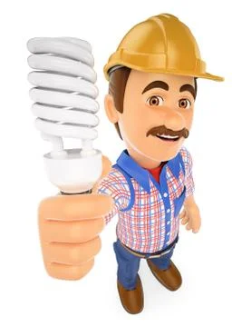 3D Electrician with a energy saving light bulb Stock Illustration