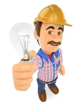 3D Electrician with a light bulb Stock Illustration