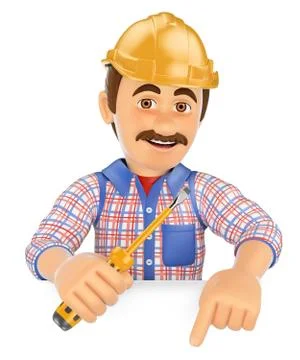 3D Electrician with a screwdriver pointing down. Blank space Stock Illustration