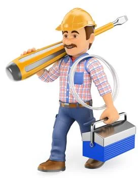 3D Electrician walking with a screwdriver and toolbox Stock Illustration
