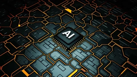 3D electronic circuit board with AI text placing on microprocessor, AI,3D Render Video stock 230957546