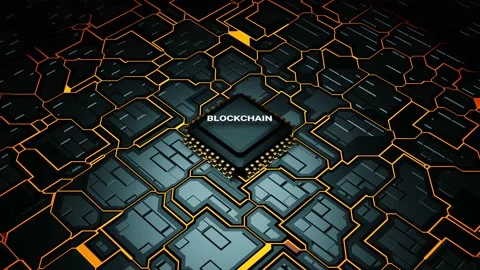 3D electronic circuit board with BLOCKCHAIN text placing on microprocessor Stock Footage 234077464