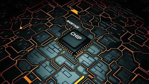 3D electronic circuit board with Chip Shortage text placing on microprocessor Stock Footage 230957547